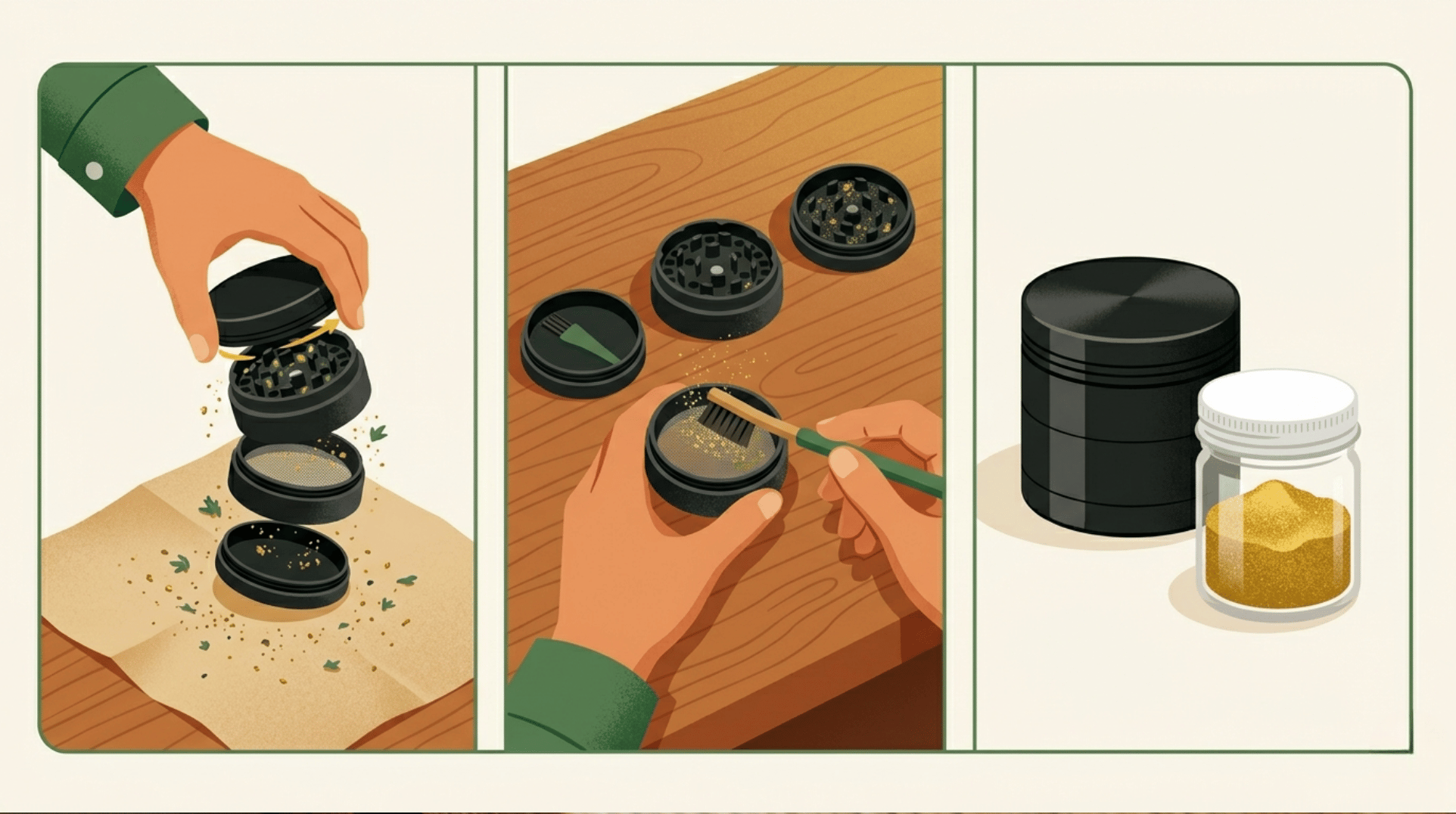 Three-panel illustration showing the quick clean steps: disassemble, brush, reassemble