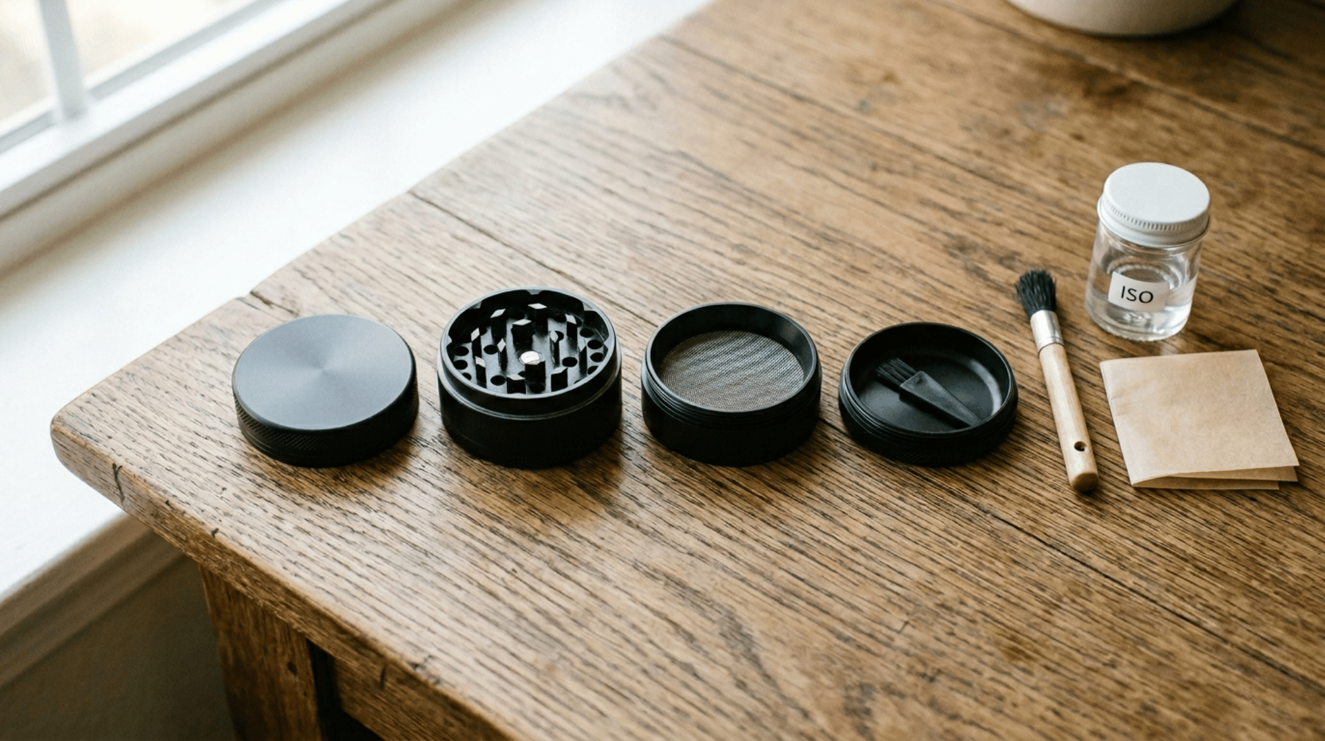 A disassembled four-piece metal cannabis grinder laid out with cleaning supplies on a wooden surface