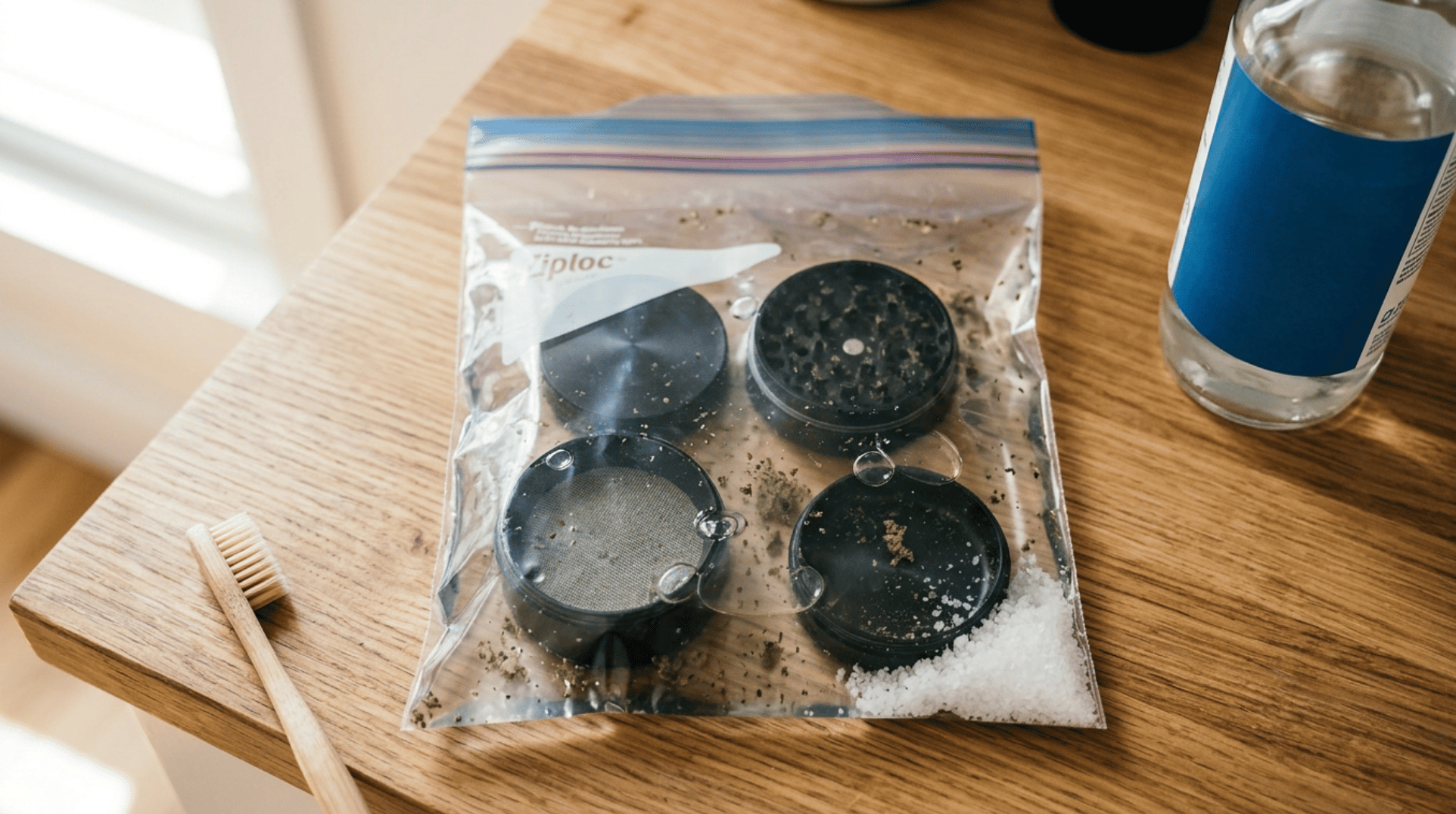 Grinder pieces submerged in isopropyl alcohol inside a sealable bag with salt visible