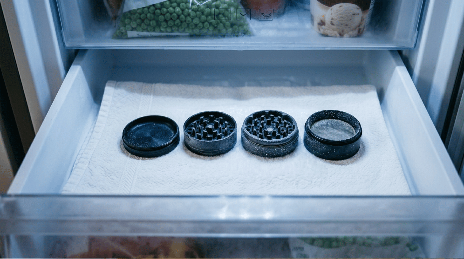 A disassembled metal grinder sitting on a kitchen towel inside an open freezer drawer